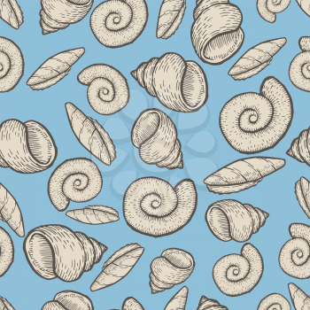 Seashell collection hand drawn aquatic doodle vector illustration. Sketch seamless pattern. Ocean life.