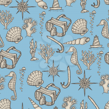 Diving hand drawing seamless pattern. Vintage vector illustration