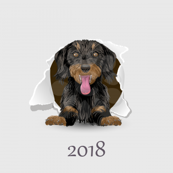 Flyer with the numbers 2018 and a happy dog symbol 2018 year on Chinese calendar.