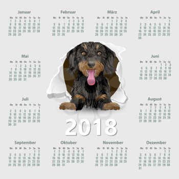 Calendar 2018 year with dog German. Week starting on Monday. eps