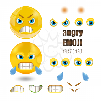 Yellow angry smiley emoticons creation set, emoji, vector illustration.