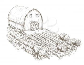 Hand drawn farm house with fields of crops surrounding it