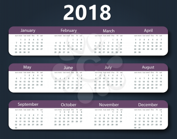 Calendar 2018 year vector design template, Week starting on Sunday. EPS10