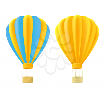 Yellow and orange air ballon with basket over white background