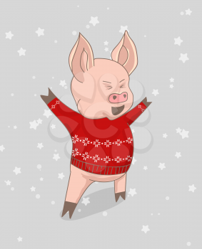 Vector Christmas illustration, Happy New Year 2019 funny card design with cartoon pig