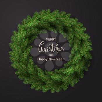 White card with Christmas green wreath. Vector illustration.