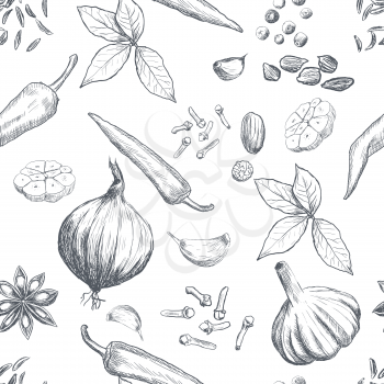 Hand drawn seamless set of organic spices. Vector illustration