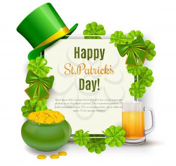 Saint Patricks Day Card with Treasure of Leprechaun, Green Hat on orange Background. Vector Illustration.