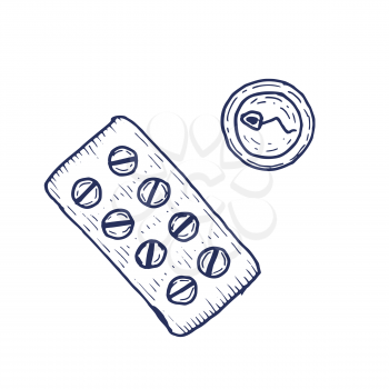 Contraceptive pill sperm and egg cell hand drawing. Vector illustration