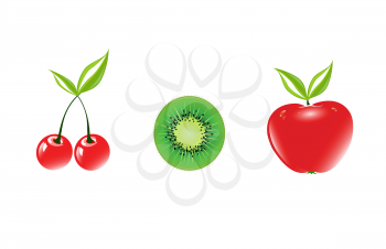 Royalty Free Clipart Image of Cherries, a Sliced Kiwi and an Apple