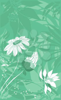 Royalty Free Clipart Image of a Green Vertical Background With Flowers in the Corner