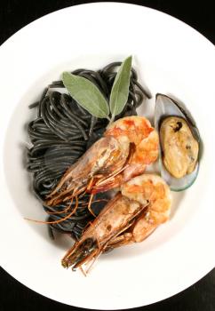 Seafood with black pasta 