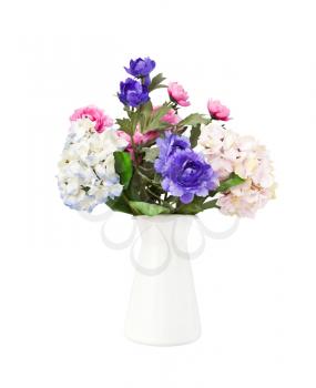 Colorful bouquet pink and blue flowers in white decorative bucket 