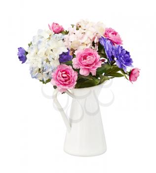Colorful bouquet pink and blue flowers in white decorative bucket, isolated on white