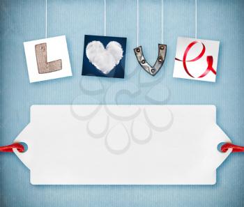 Love word made of four different objects, valentine's day concept, free space for your text