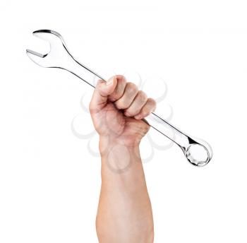 Hand holding a wrench isolated on white background 