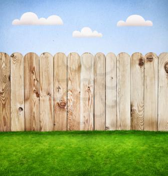 Wooden fence in a green grass, template design 