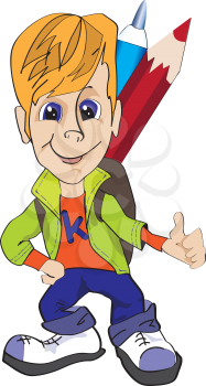 Royalty Free Clipart Image of a Boy With a Backpack and Big Pencils