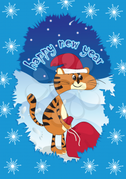 Royalty Free Clipart Image of a Cat in a Santa Hat on a Snowflake Background