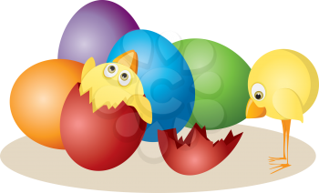 Royalty Free Clipart Image of Chicks and Easter Eggs