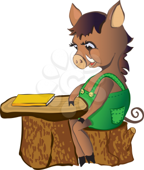 Royalty Free Clipart Image of a Wild Boar at a Stump