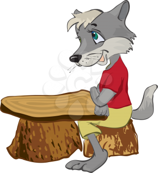 Royalty Free Clipart Image of a Wolf at a Wood Stump