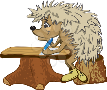 Royalty Free Clipart Image of a Hedgehog Sitting on a Stump at a Wooden Desk