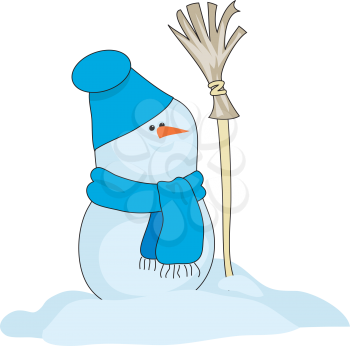 Royalty Free Clipart Image of a Snowman With a Broom