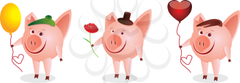Royalty Free Clipart Image of Three Little Pigs Holding a Balloon, a Rose and a Heart