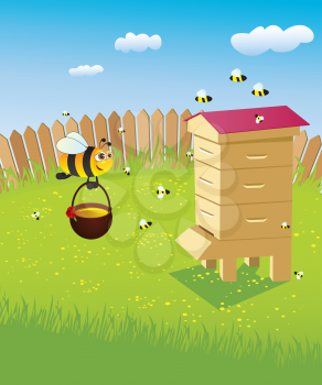 Royalty Free Clipart Image of a Bee Carrying a Pot of Honey Back to the Hive