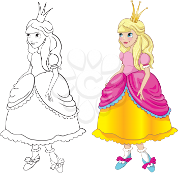 Royalty Free Clipart Image of a Princess in Colour and Black and White