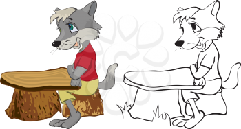 Royalty Free Clipart Image of a Wolf at a Desk in Colour and Black and White