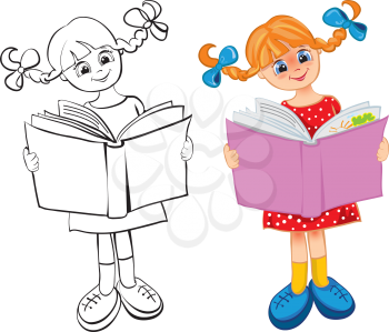 Royalty Free Clipart Image of a Girl Reading a Book in Black and White or Colour