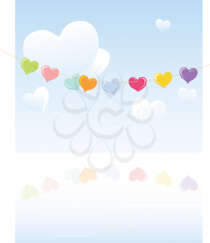 Royalty Free Clipart Image of a String of Hearts on a Sky Background