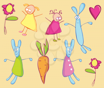 Royalty Free Clipart Image of Girls, Rabbits, Flowers and Carrots