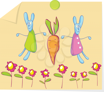 Royalty Free Clipart Image of a Rabbits, Carrots and Flowers