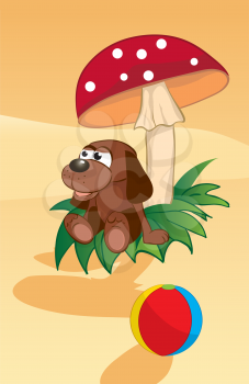 Royalty Free Clipart Image of a Toy Dog Under a Mushroom by a Beach Ball