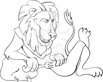 Royalty Free Clipart Image of a Lion Wearing a Big and Holding a Fork While Leaning Against a Rock