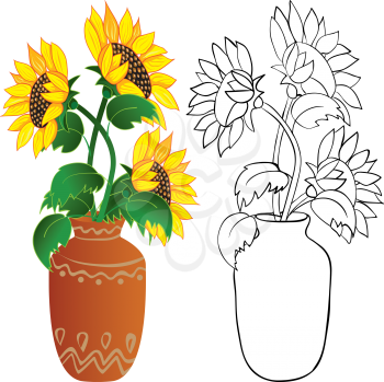 Royalty Free Clipart Image of Two Versions of Sunflowers in a Vase
