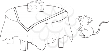 Royalty Free Clipart Image of a Mouse Looking at Cheese on a Table