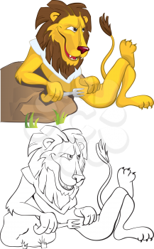 Royalty Free Clipart Image of Two Versions of Lions Leaning Against a Rock Waiting to Eat