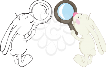 Royalty Free Clipart Image of Two Versions of a Rabbit With a Magnifying Glass