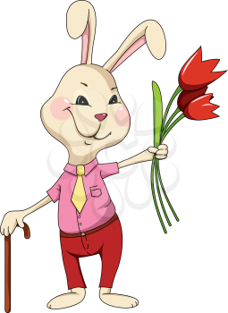 Rabbit with flowers and cane. 
Valentine day.