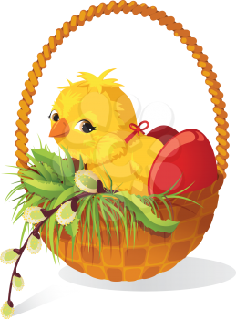 Easter card. Chicken and eggs in basket with sprig of willow