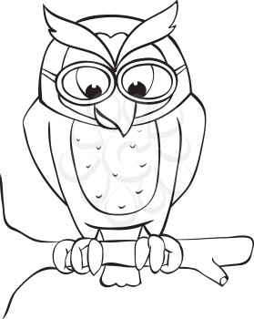 Owl on branch with glasses. Outline illustration
