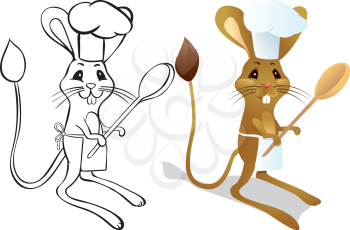 Jerboa chef with spoon in chef's hat - color and outline illustration