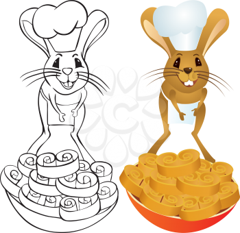 Jerboa chef in chef's hat with baking - color and outline illustration
