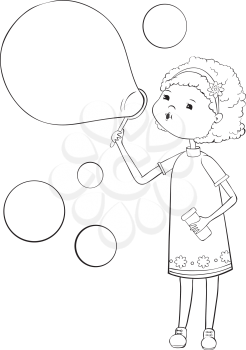 Girl with soap bubbles - outline illustration
