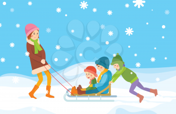 Children sledding. Winter background