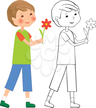 Boy with flower - color and outline illustration